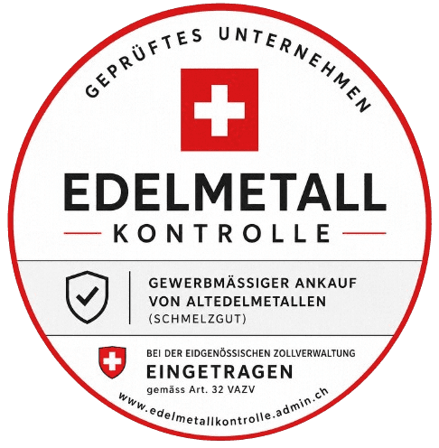 Siegel der Edelmetallkontrolle: geprüftes Unternehmen für den gewerbsmässigen Ankauf von Altedelmetallen
